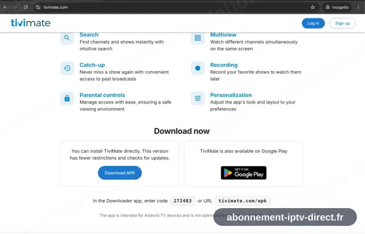 Le site TiviMate défilé jusqu’à ses commandes Google Play et Install APK