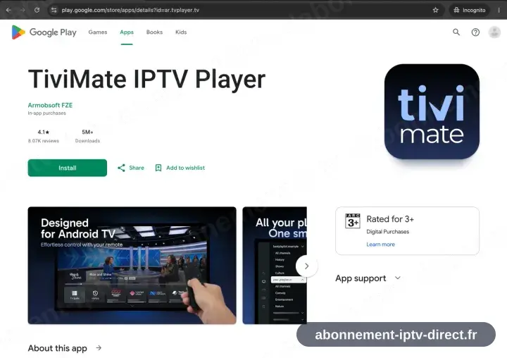 L’entrée TiviMate sur Google Play, Installer disponible