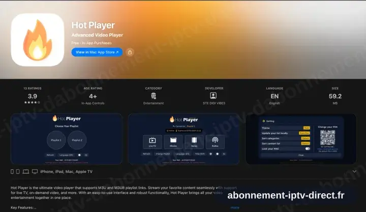 La fiche App Store de Hot Player indiquant la prise en charge iPhone, iPad, Mac et Apple TV