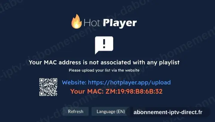 HotPlayer signalant qu’aucune playlist n’est enregistrée, avec l’adresse d’envoi hotplayer.app