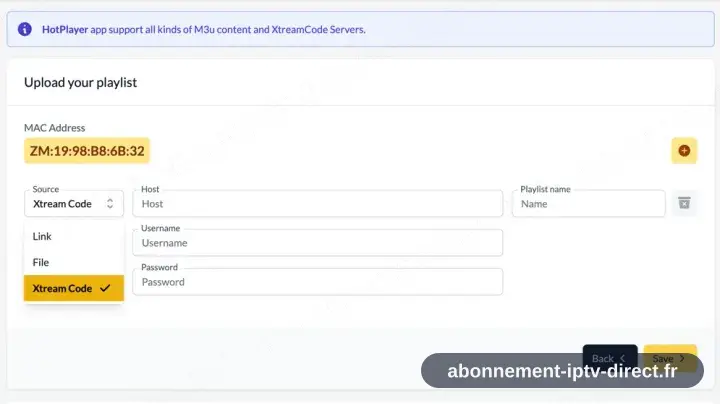 Formulaire d’envoi hotplayer.app, source réglée sur Xtream Codes, avec les champs serveur, identifiant et mot de passe