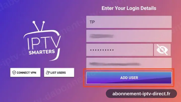 Formulaire Xtream Codes d’IPTV Smarters Pro : URL du serveur, identifiant et mot de passe