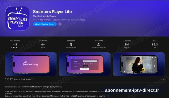 La fiche App Store de Smarters Player Lite indiquant la prise en charge iPhone, iPad et Apple TV