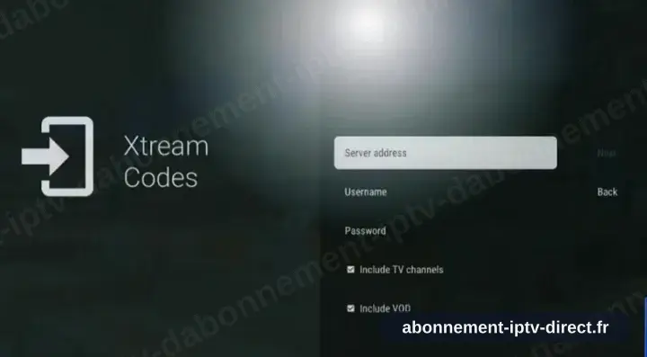Le formulaire Xtream Codes de TiviMate avec les champs serveur, identifiant et mot de passe