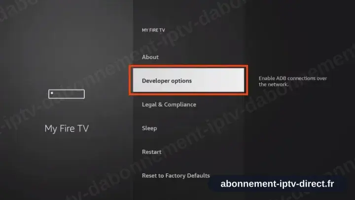 Le menu Mon Fire TV listant désormais les Options pour les développeurs