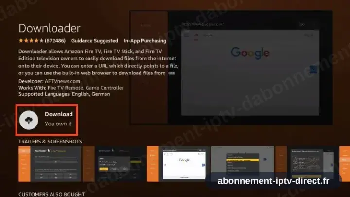 La fiche Downloader de l’Appstore, commande d’installation en surbrillance