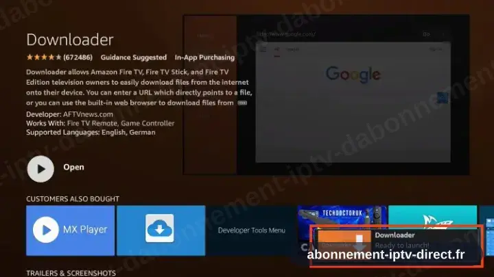 La fiche Downloader affichant Ouvrir, signe d’une installation terminée