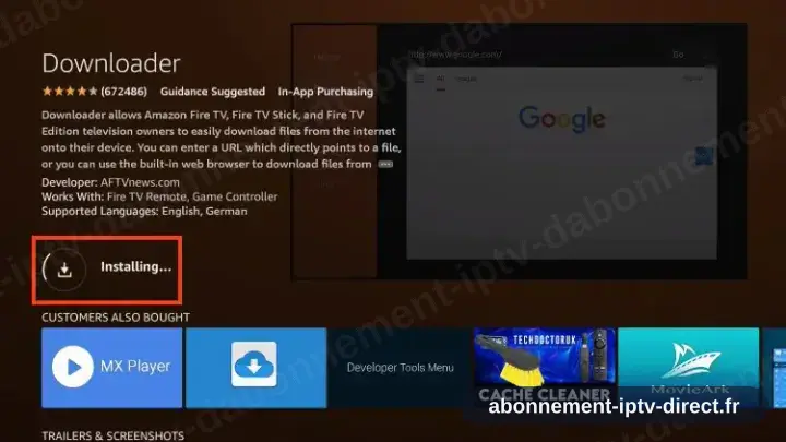 Downloader en cours d’installation sur le Firestick, cercle de progression affiché