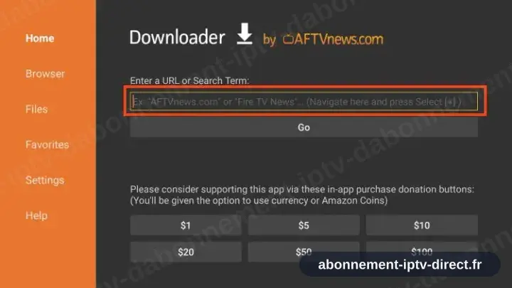 Downloader, champ URL activé sur l’onglet Home