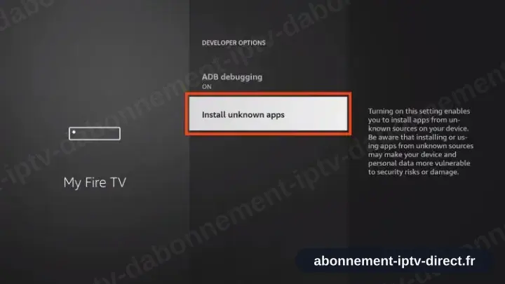 Le menu Options pour les développeurs, Installer des applications inconnues en surbrillance