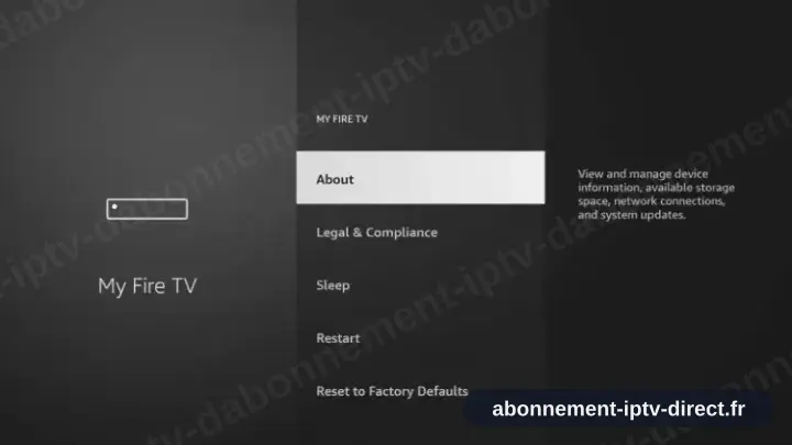 Le menu Mon Fire TV, À propos en surbrillance