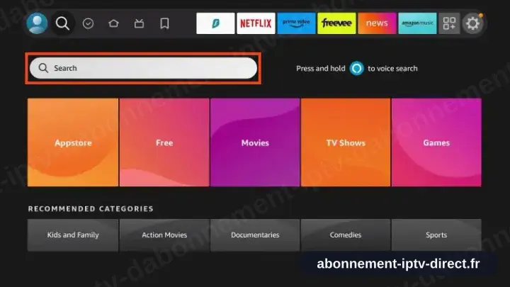 Écran d’accueil Fire TV, icône de recherche sélectionnée sur la rangée supérieure
