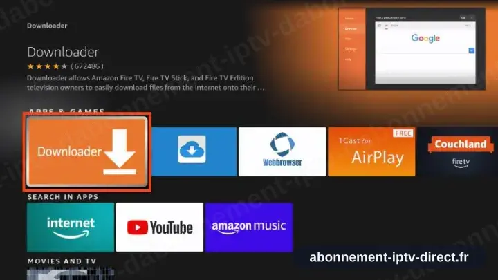 La vignette orange Downloader retenue parmi les résultats Fire TV