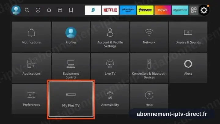Le menu Paramètres Fire TV, Mon Fire TV en surbrillance