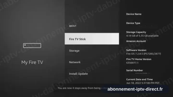 Le message développeur affiché sur l’écran À propos du Fire TV