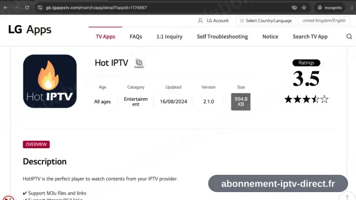 HotPlayer sur sa fiche du LG Content Store