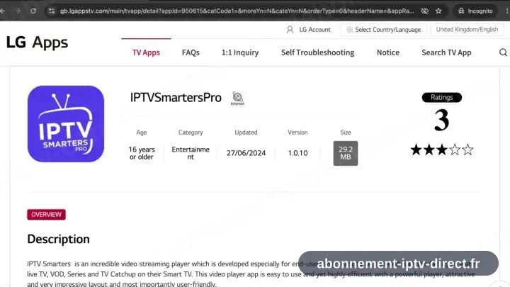 IPTV Smarters Pro sur sa fiche du LG Content Store