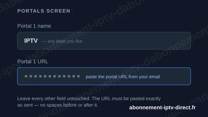 Schéma de l’écran Portals montrant le champ « Portal 1 name » et le champ « Portal 1 URL » masqué.