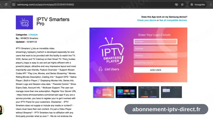 IPTV Smarters Pro sur sa fiche du store Samsung Apps