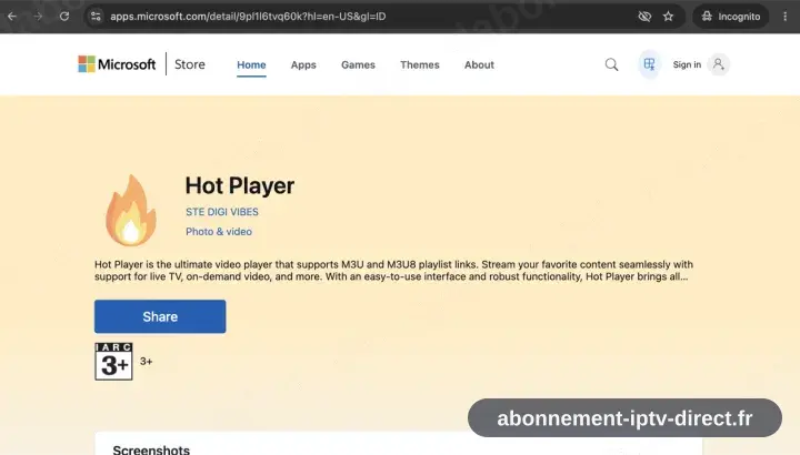 La fiche Hot Player dans le Microsoft Store