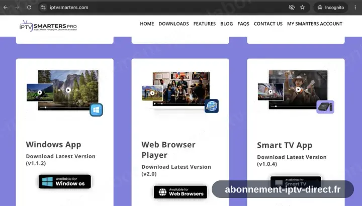 La page de téléchargement IPTV Smarters avec le bouton de téléchargement de l'app Windows